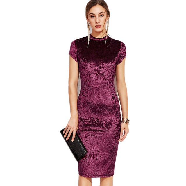 COLROVIE Burgundy Velvet Bodycon Midi Dress Autumn