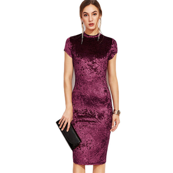 COLROVIE Burgundy Velvet Bodycon Midi Dress Autumn