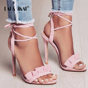 LALA IKAI Ruffle High Heels Sandals Women Cross