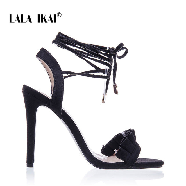 LALA IKAI Ruffle High Heels Sandals Women Cross