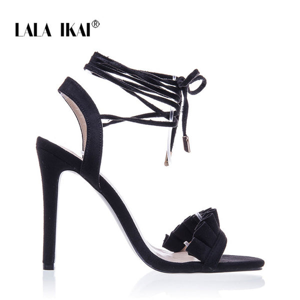 LALA IKAI Ruffle High Heels Sandals Women Cross