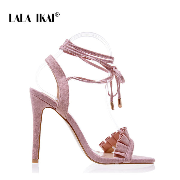 LALA IKAI Ruffle High Heels Sandals Women Cross
