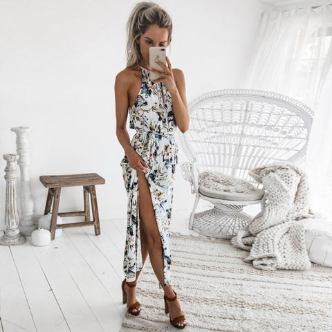 Boho Floral Print Straps Long Dress Women Sexy